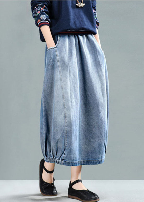 Fashion Light Blue Elastic Waist Pockets Cotton Denim Skirt Cozy