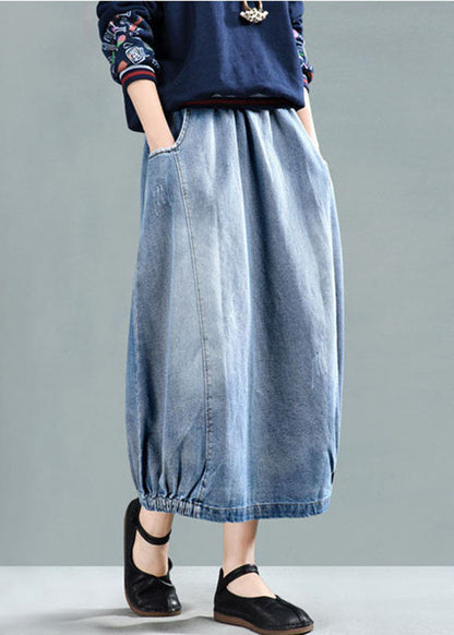 Fashion Light Blue Elastic Waist Pockets Cotton Denim Skirt Cozy