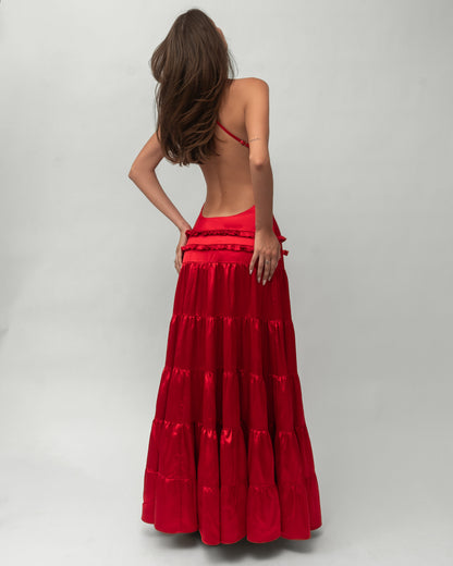 One-Shoulder Open-Back Satin Tiered Maxi Dress