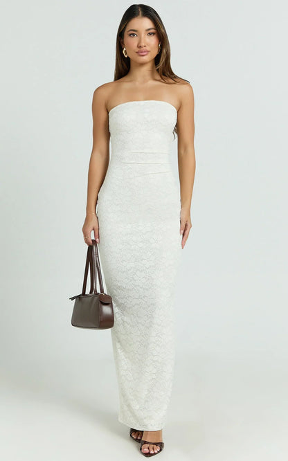 Bec Maxi Dress - Stretch Lace Strapless Dress In Off White