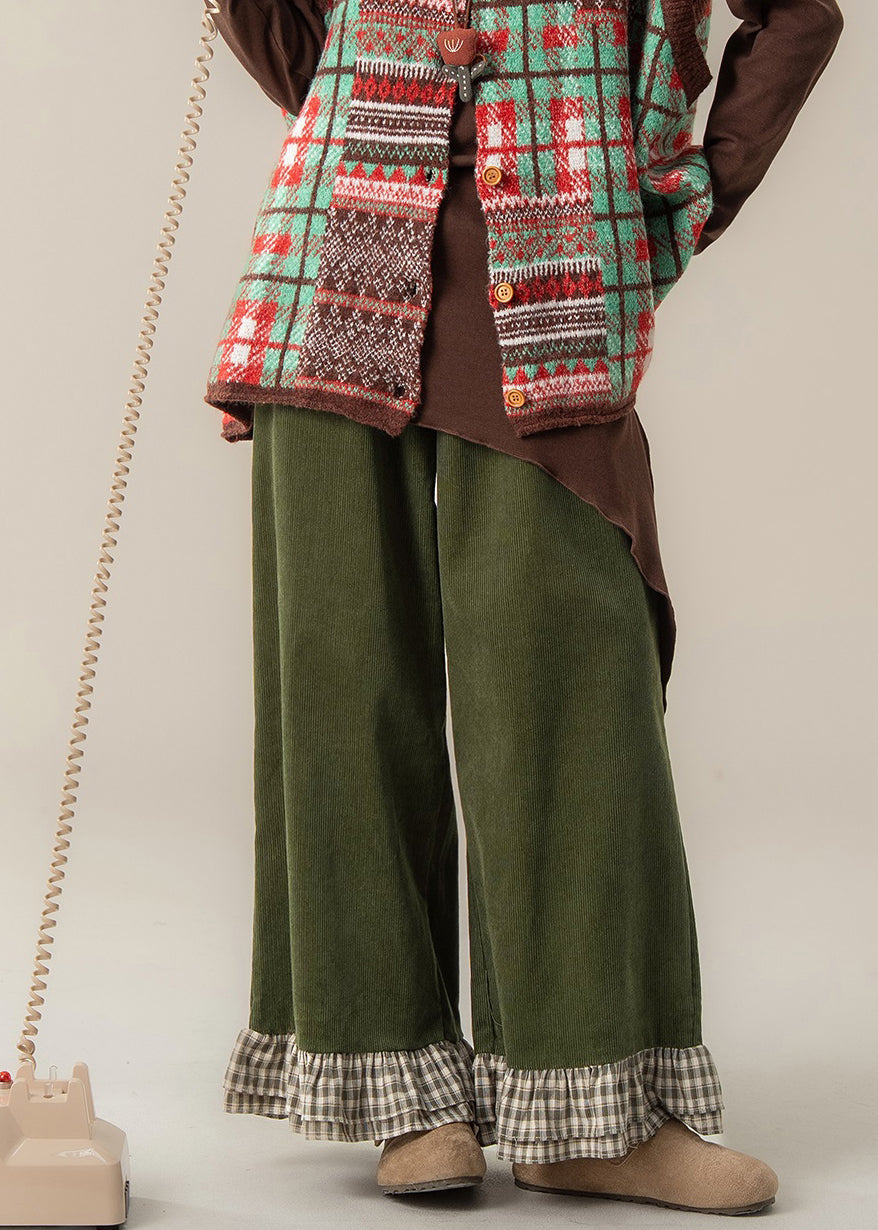 Casual Green Ruffled Patchwork High Waist Wide Leg Pants