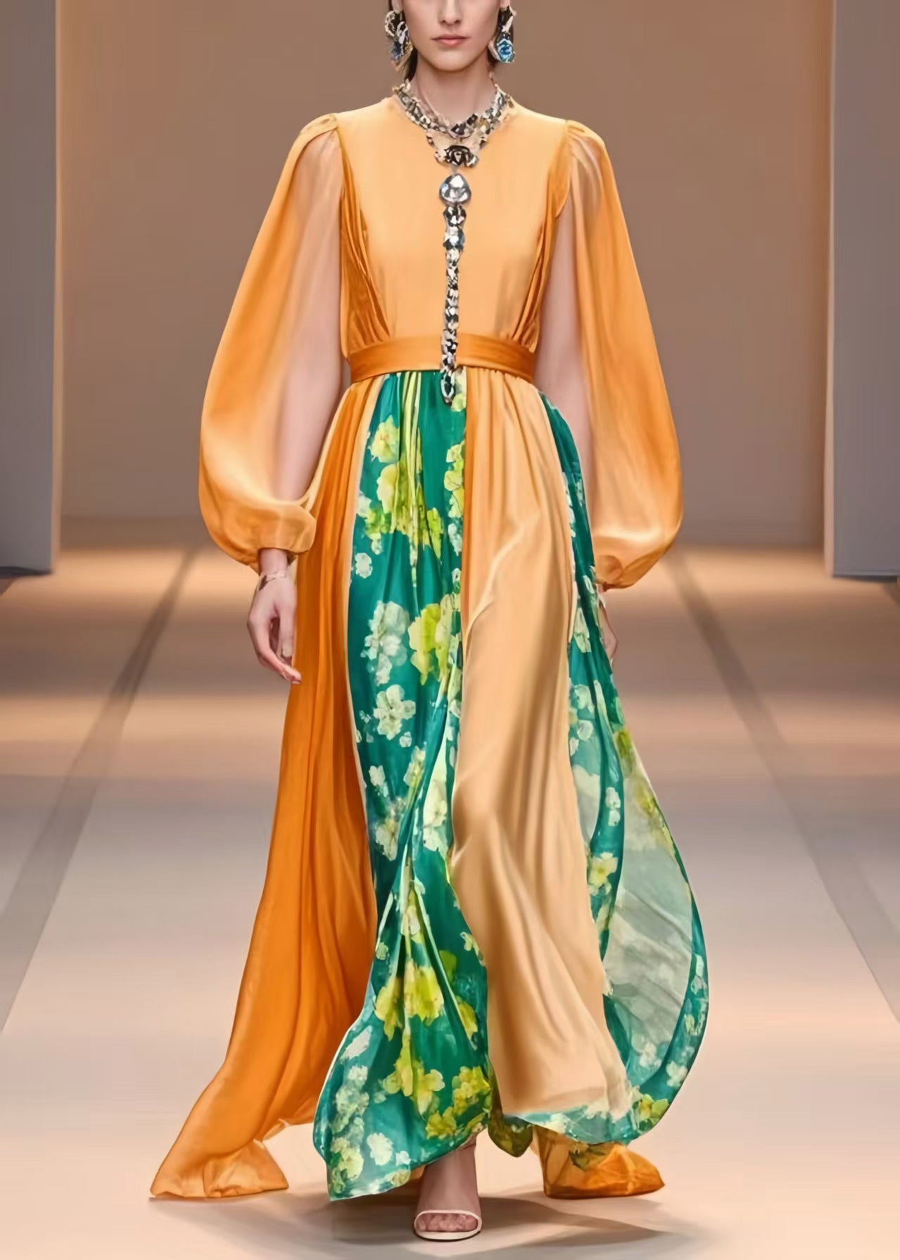Women Orange Cinched Patchwork Silk Party Dress Lantern Sleeve