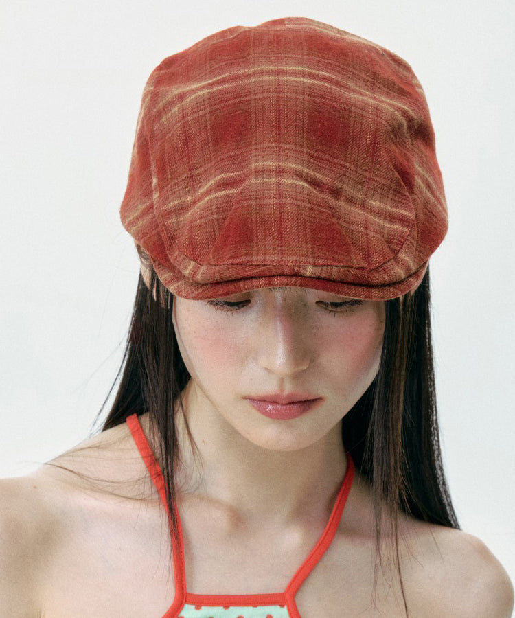 Vintage Rust Red Plaid Painter's Beret Hat