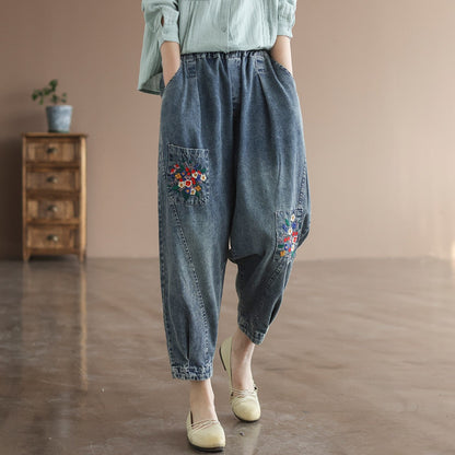Pocket Embroidery High Waist Literary Retro Nine-point Harem Pants