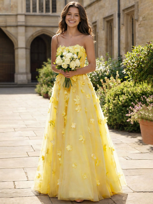 A-Line/Princess Long Tulle Prom Strapless Evening Party Dresses with Floral Applique