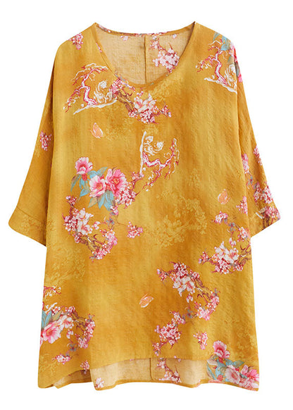 Plus Size Yellow O-Neck Floral Print Linen Tank Tops Half Sleeve
