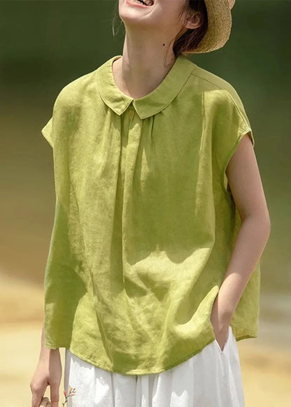 Women Pink Peter Pan Collar Button Solid Cotton Shirt Summer