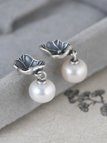 Vintage S925 Silver Women Lotus Leaf Earrings
