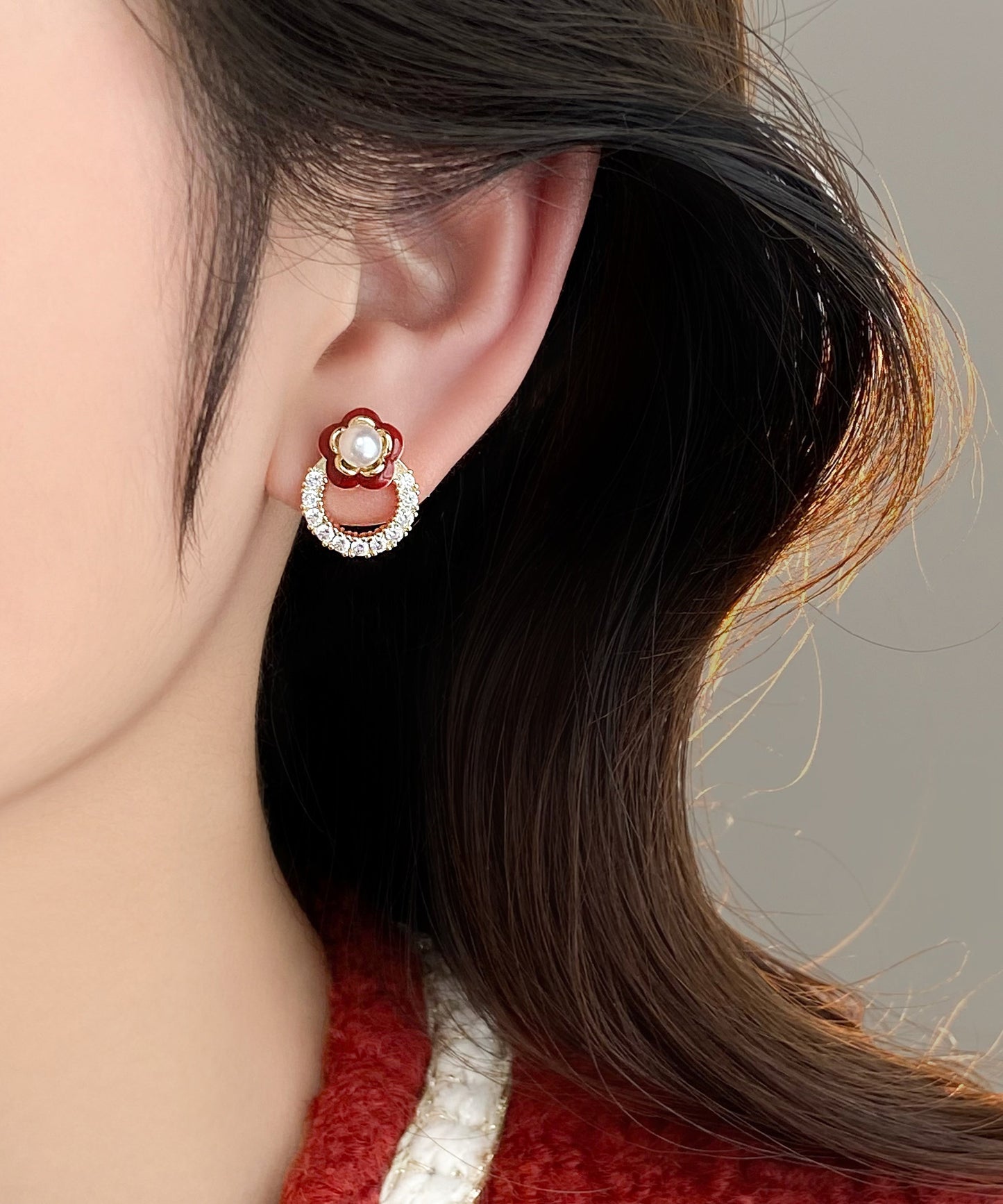 Chic Red Copper Alloy Zircon Camellia Flower Stud Earrings