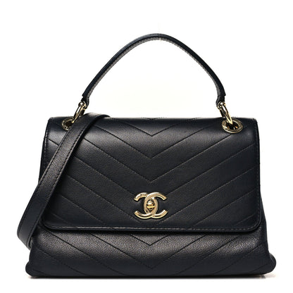Grained Calfskin Chevron Stitched Small Chic Top Handle Flap Black
