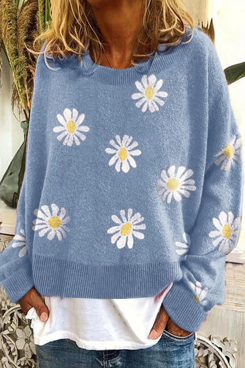 Round Neck Floral Print Casual Sweater