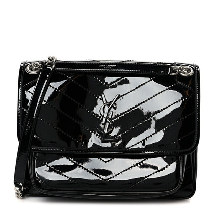 Faux Patent Matelasse Monogram Medium Niki Chain Satchel Black
