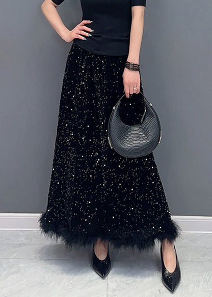 Black Raw Edge Patchwork Silk Velvet Skirts High Waist