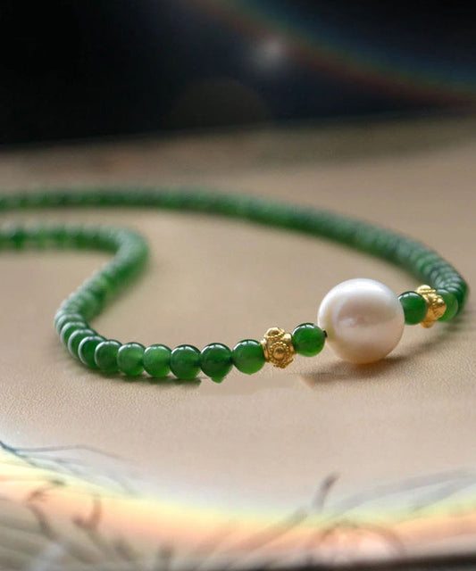 Classy Green Sterling Silver Overgild Pearl Beading Pendant Necklace