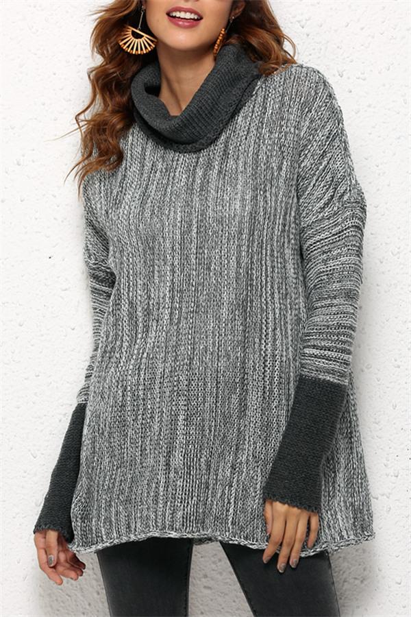 Spliced Turtleneck Loose Pullover Sweater - Black