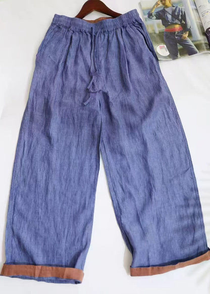 Vintage Blue Oversized Linen Straight Pants Summer