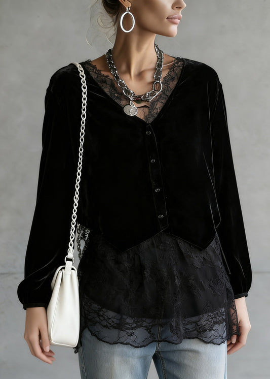 Elegant Black V Neck Lace Patchwork Velour Shirt Spring
