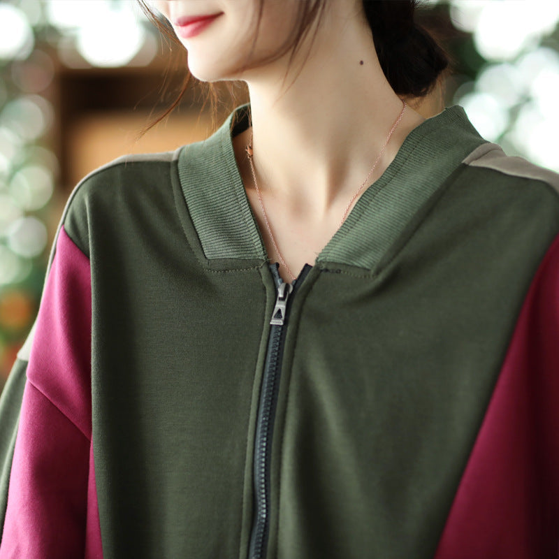 Retro Color-Blocking Loose Long-Sleeved Casual Literary Jacket