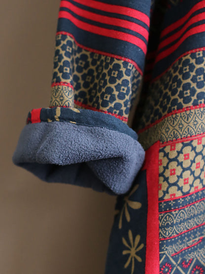 Women Winter Vintage Ethnic Pocket Print Loose Dress