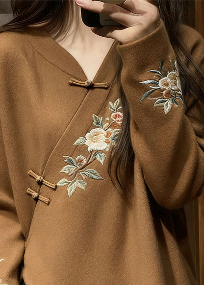 Chinese Style Brown V Neck Floral Knit Sweater Fall