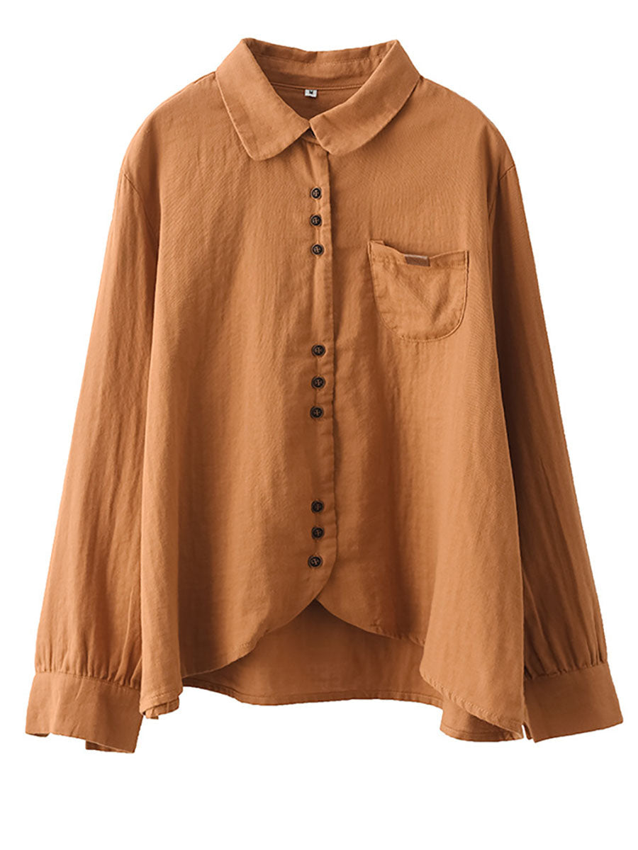 Women Spring Vintage Solid Button Pocket T-shirt