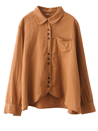 Women Spring Vintage Solid Button Pocket T-shirt