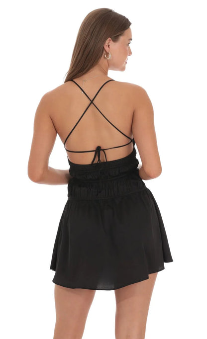Satin Smocked Ruche Cutout Dress in Black