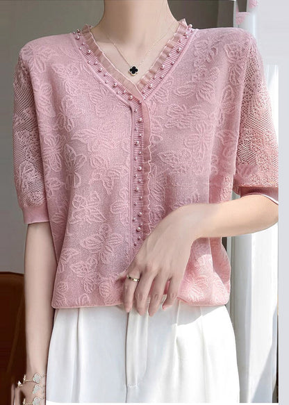 Fitted Pink Jacquard Nail Bead Knit Shirt Top Summer