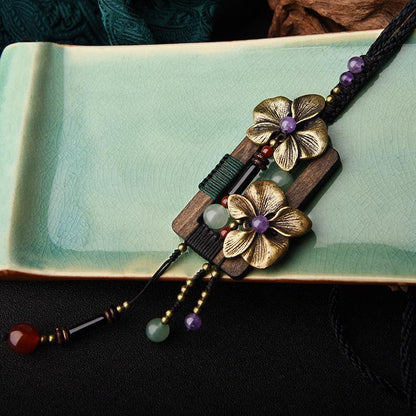 Vintage Wood Shell Flower Long Pendant Necklace