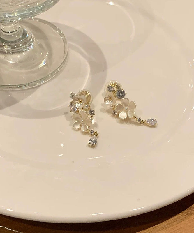 Beautiful White Alloy Zircon Floral Tassel Drop Earrings