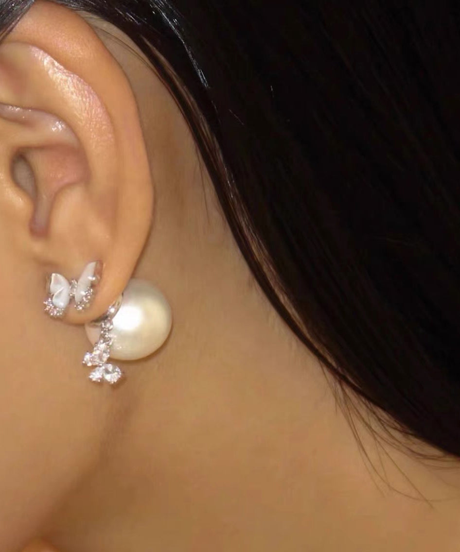 Vogue White Copper Butterfly Zircon Floral Tassel Stud Earrings