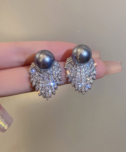 Original Design Silk Grey Zircon Pearl Stud Earrings