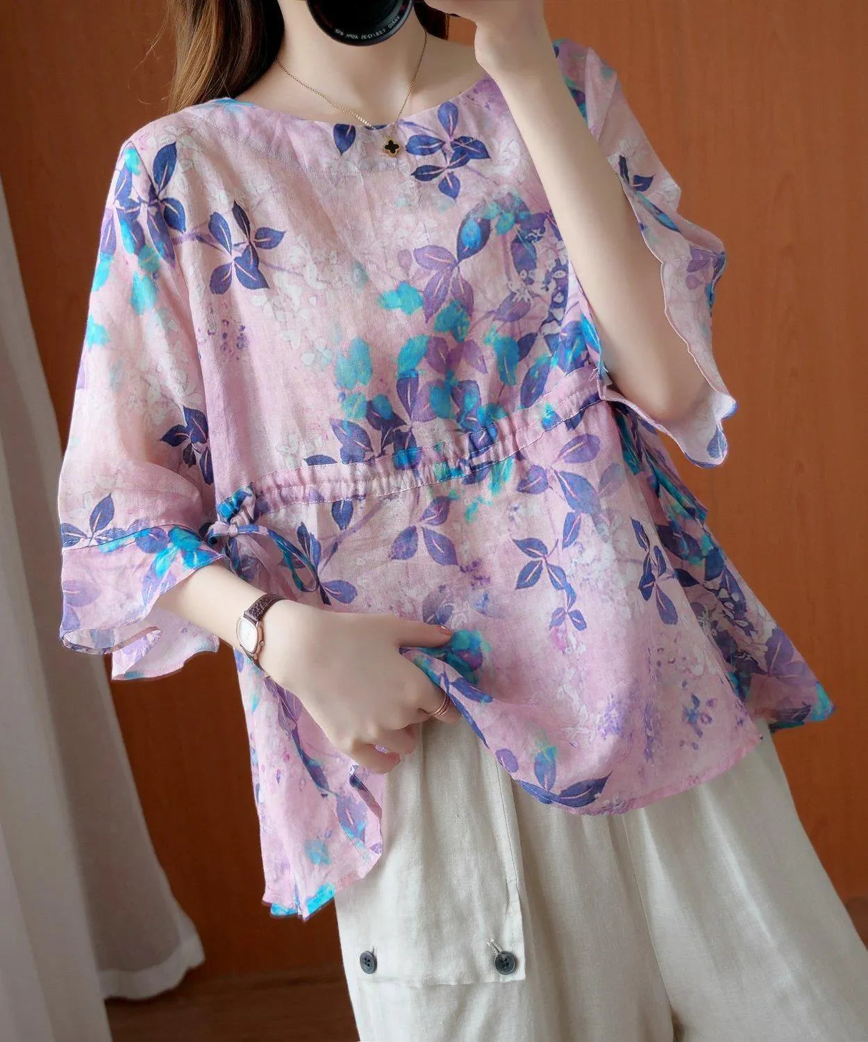 Chic purple print top o neck drawstring daily summer blouses