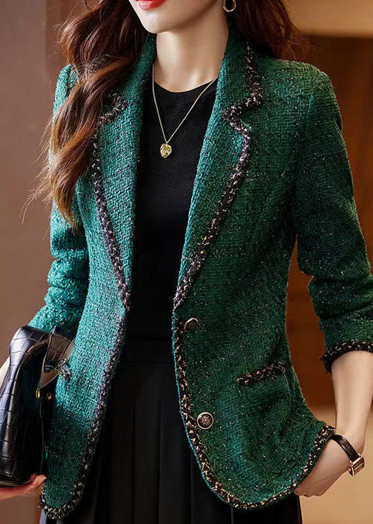 Vintage Peacock Green Patchwork Woolen Coat Spring