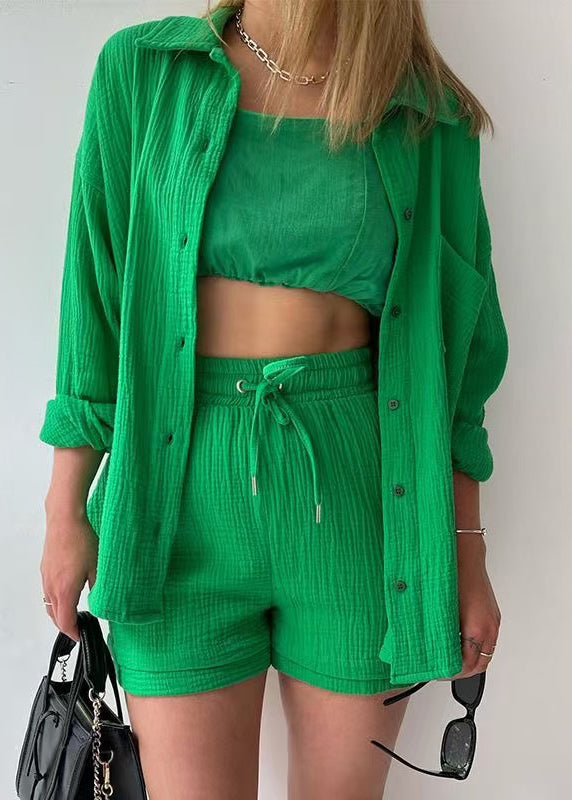 Plus Size Green Oversized Pocket Cotton 2 Piece Outfit Summer