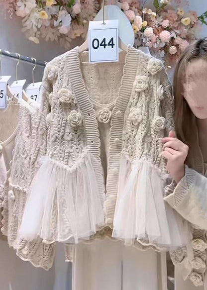 Art Apricot Stereoscopic Flower Patchwork Tulle Knit CardiganTwo Piece Set Fall