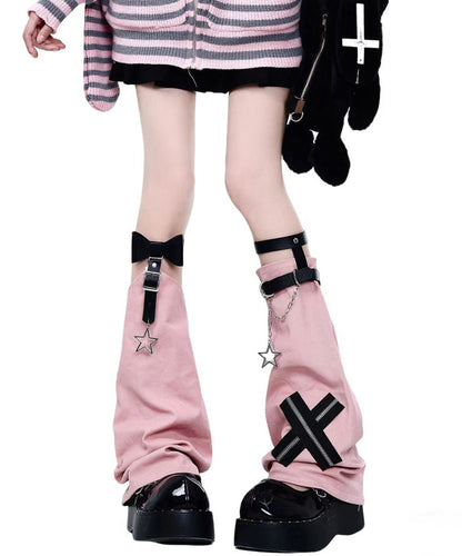 Spicy Girl Stylish Pink Cross Chain Leather Buckle Sock Sleeves