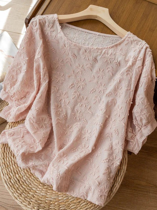 Embroidered Round Neck Half Sleeve Casual Linen Tee Top