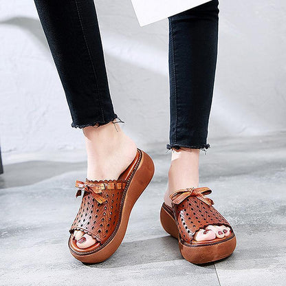 Leather Vintage Hollow Out Wedge Women Casual Slippers