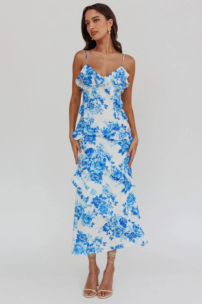 Silvana Frill Trim Maxi Dress Floral Blue