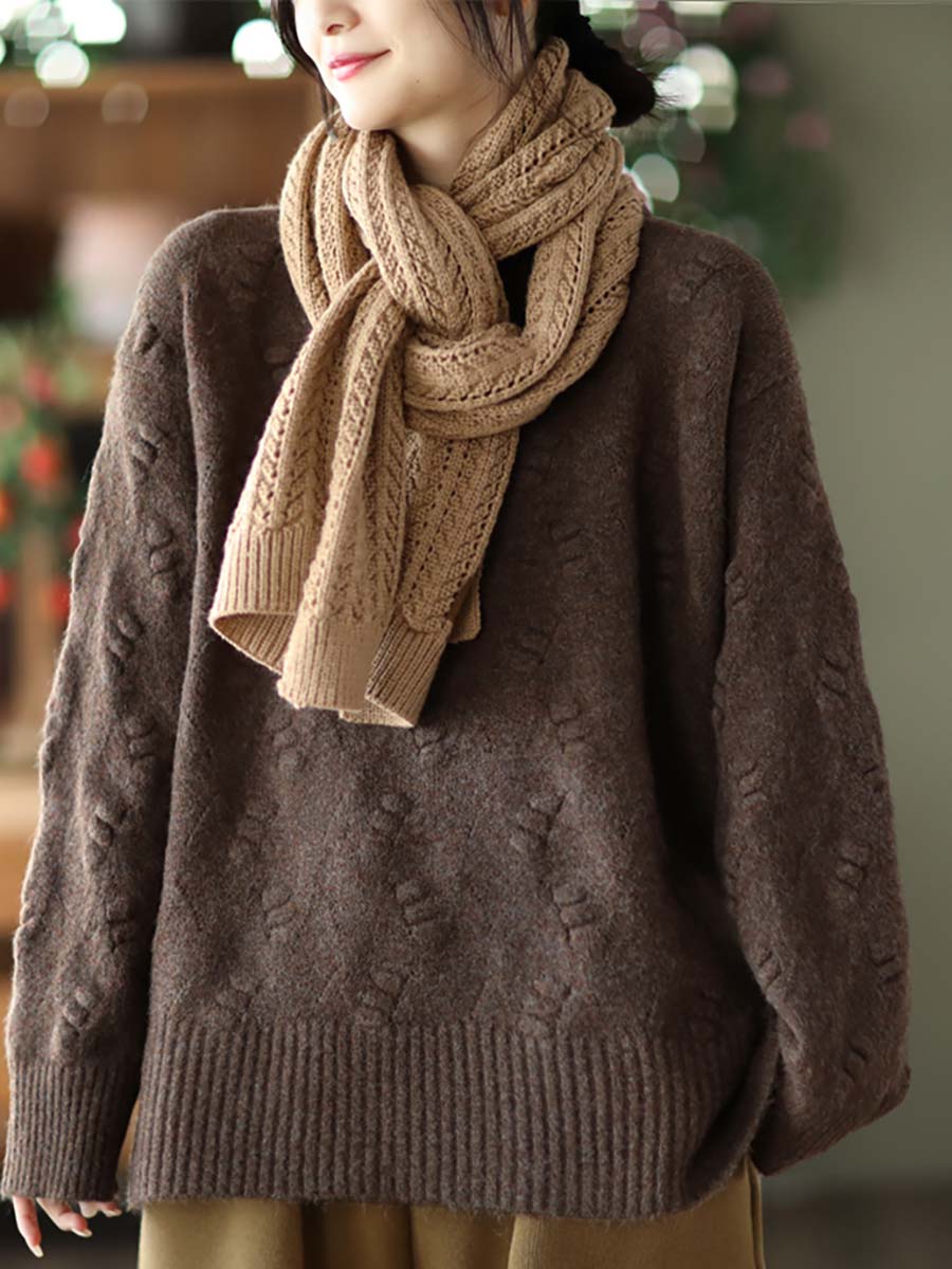 Women Winter Vintage Knitted Solid Warm Loose Sweater