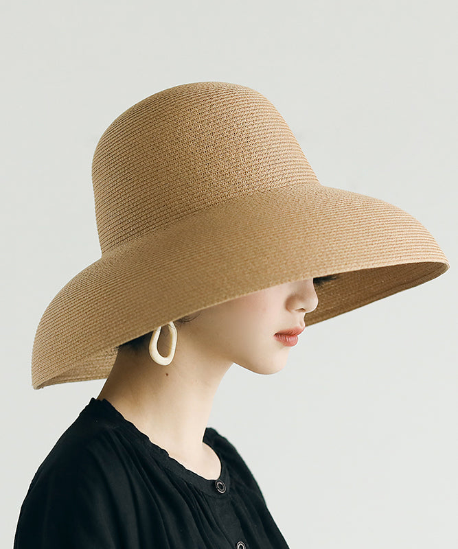 Fashion Versatile Khaki Straw Woven Large Eaves Bucket Hat