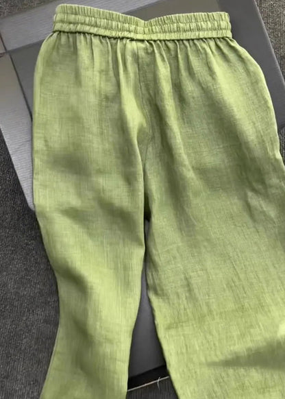 Simple Green Peter Pan Collar Shirt And Pants Linen Two Pieces Set Fall