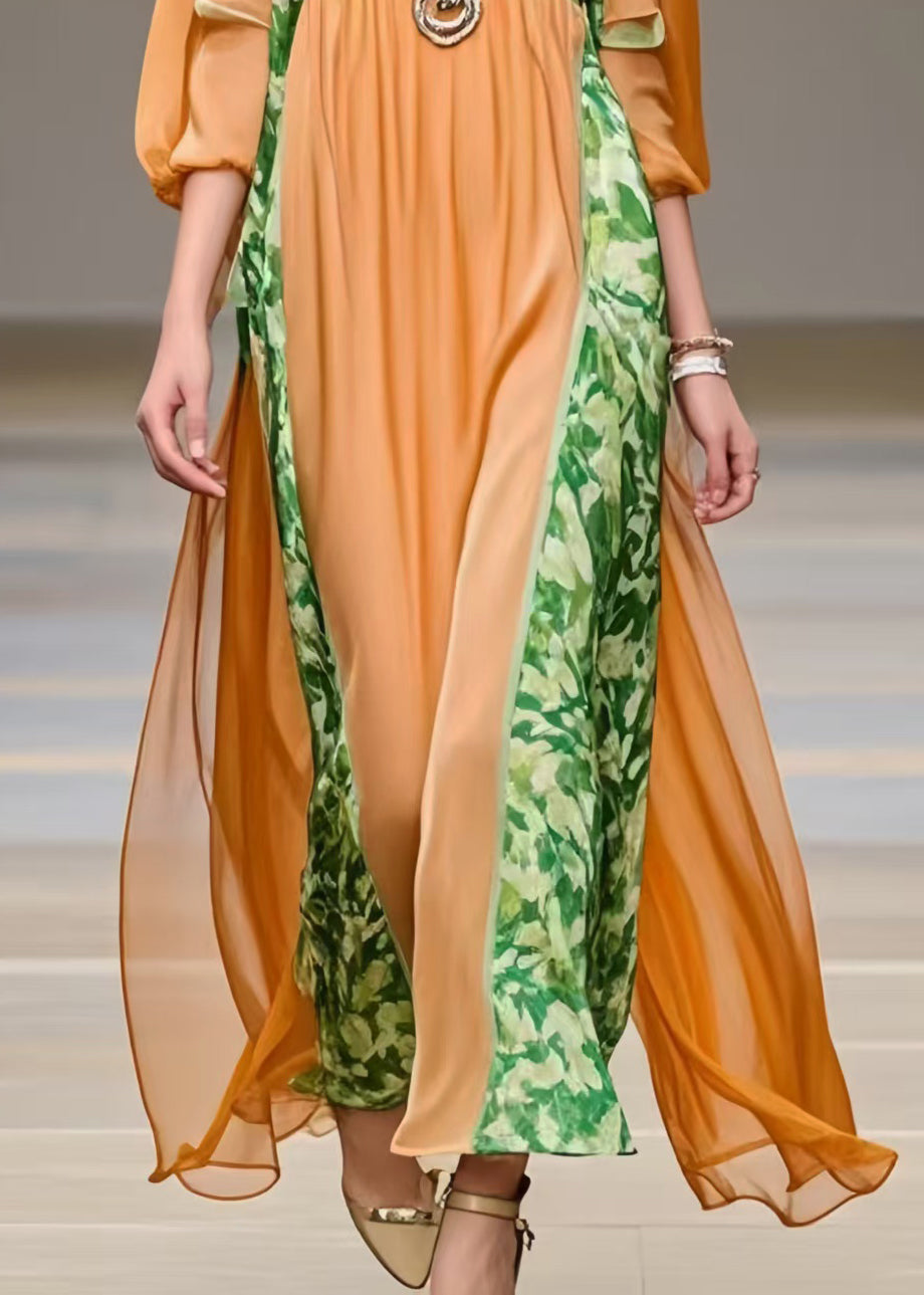 Women Orange U Neck Patchwork Chiffon Robe Dresses Bracelet Sleeve