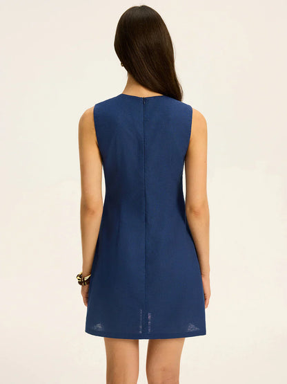 Linen & Cotton Cut-Out Contrast-Stitch Mini Dress