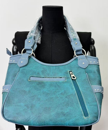 Classy Blue Embroidered Butterfly Rivet Faux Suede Shoulder Bags