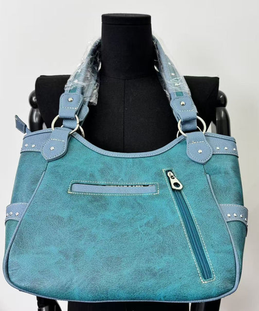 Classy Blue Embroidered Butterfly Rivet Faux Suede Shoulder Bags