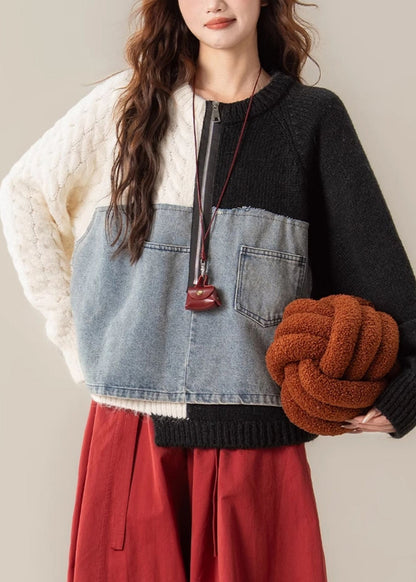Chic Black Zip Up Denim Patchwork Knit Sweater Spring
