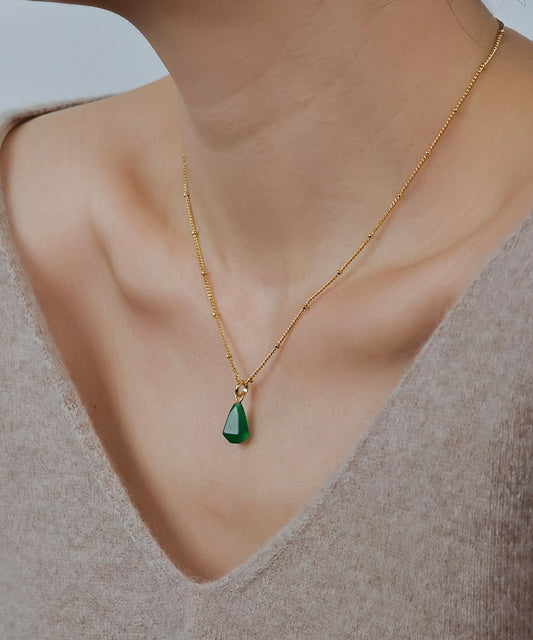 2026 New Green Sterling Silver Water Droplet Agate Pendant Necklace