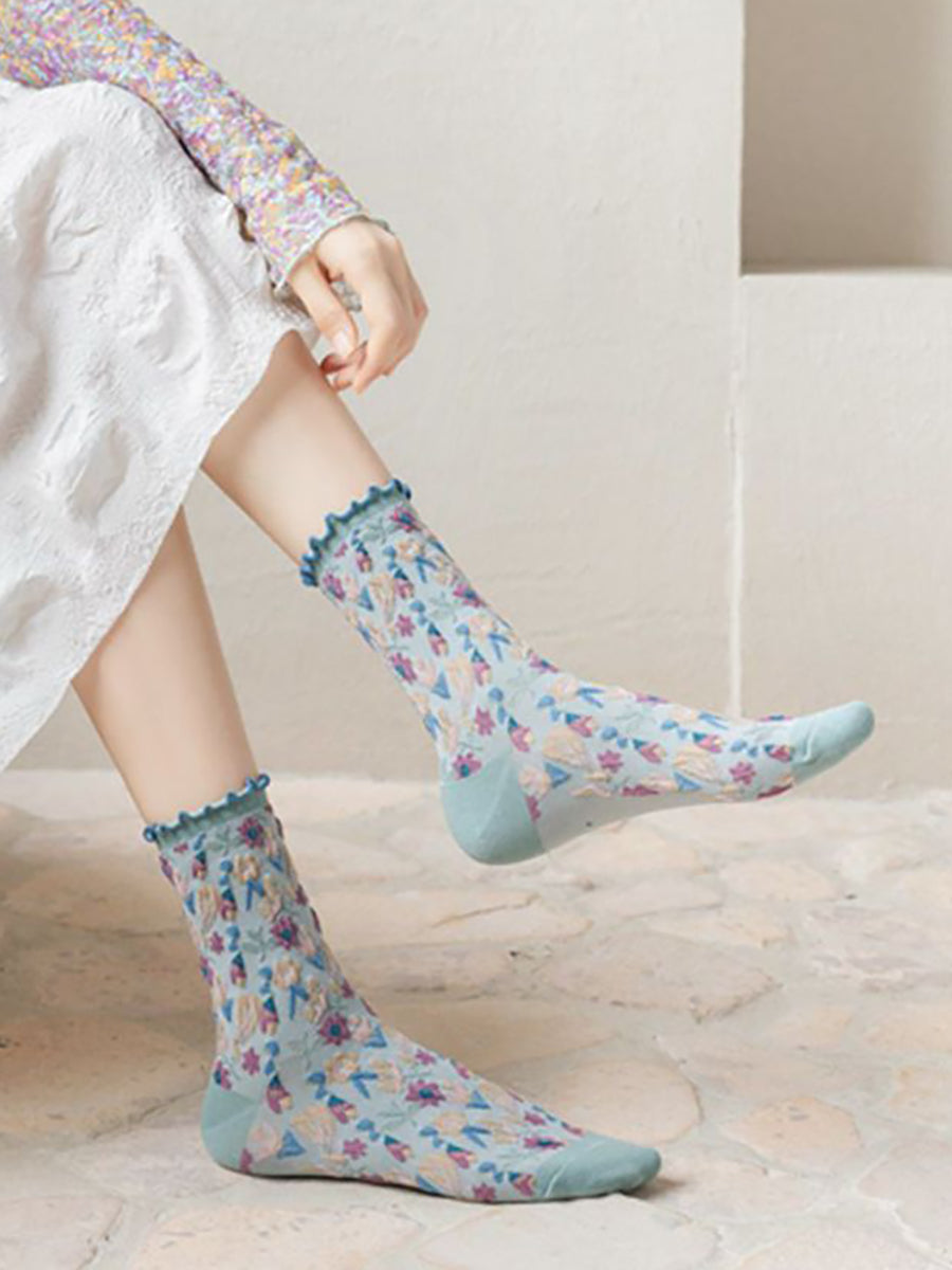 6 Pairs Japanese Floral Cotton Socks Women Vintage Socks